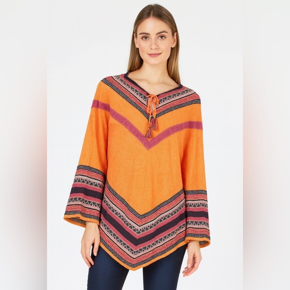 Boston Proper Lambswool Nylon  Knit Aztec Tribal Poncho M-L Orange Boho 264 - Picture 1 of 10